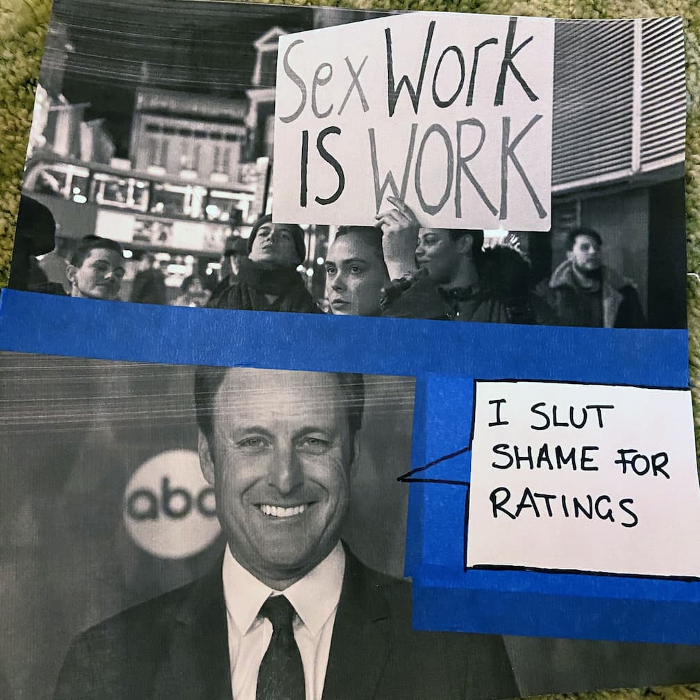 A printed picture of Chris Harrison with a sharpie speech bubble saying 'I slut shame for ratings'