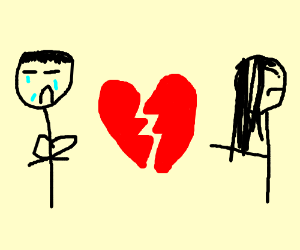 A sketch of a stick figure man and a stick figure woman, with a broken heart between them