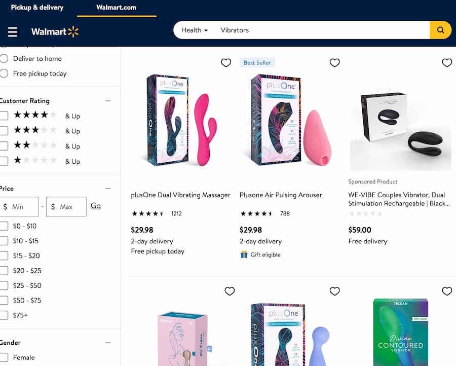 A screenshot of a Walmart catalog page showing multiple vibrator options