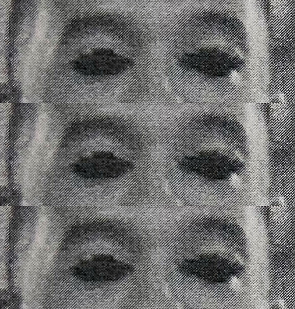 A triple image of Matt with stylized blank, dark, eyes