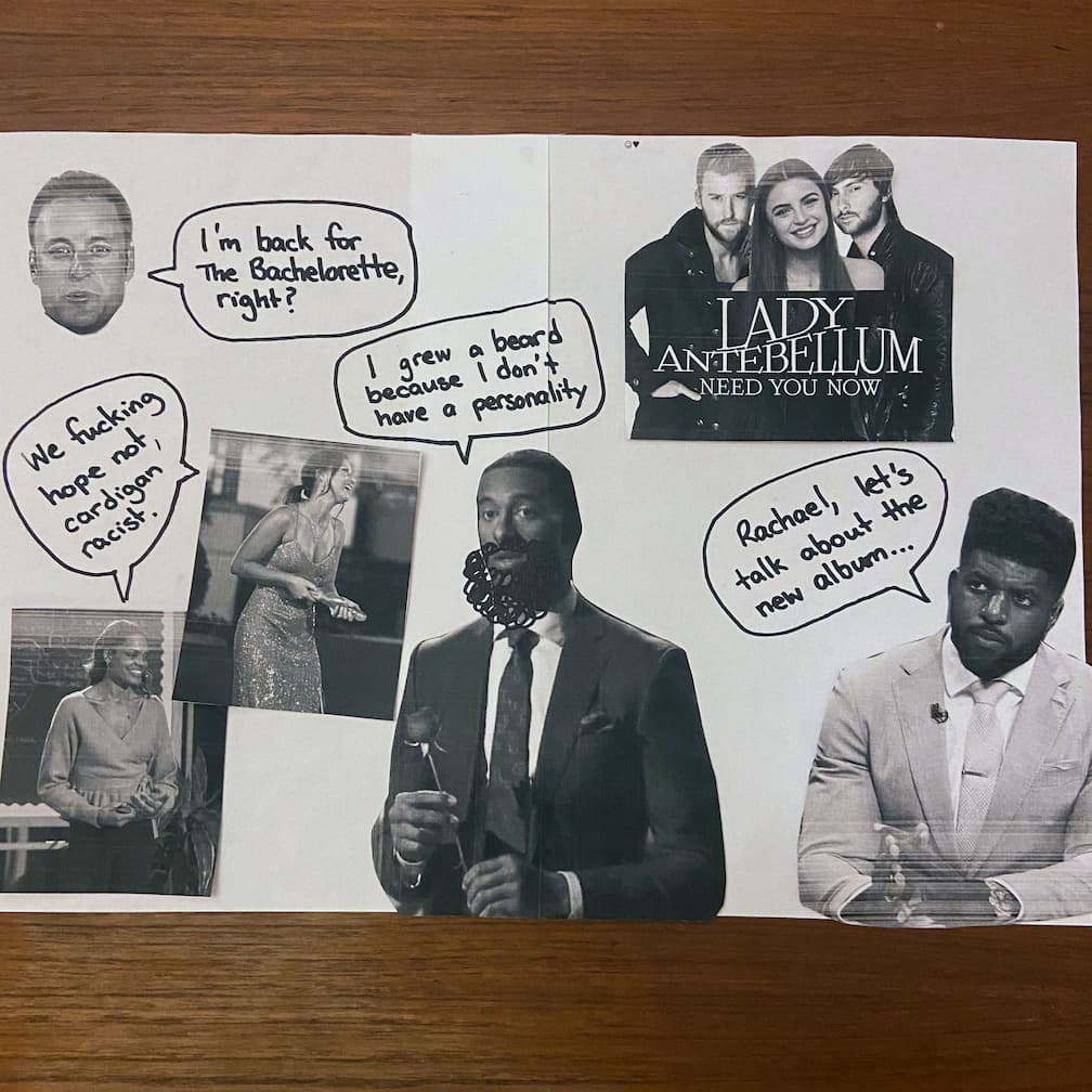 A collage of Emmanuel Acho, Matt James with a sharpie beard. Chris Harrison's disembodied head. Rachael imposed on a Lady Antebellum album cover. Katie and Michelle as Bachelorette contestants.
