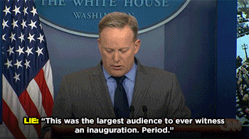 An animated gif of Sean Spicer lying that the crowd for Donald Trump’s inauguration was the largest ever
